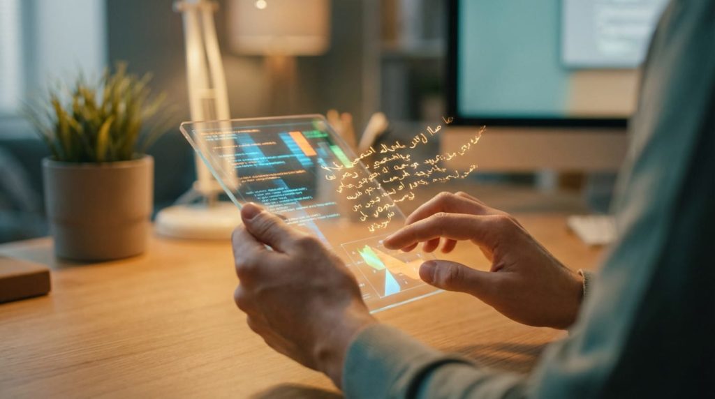 Hands on transparent tablet. AI code transforms into glowing, elegant Arabic text, illuminating the hands. Modern workspace background.