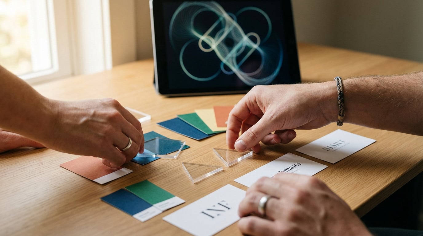 Mãos arranjam amostras de cores (azuis, verdes, laranjas), formas e tipografia em mesa clara. Tablet com gráficos abstratos ao fundo. Criação de marca.