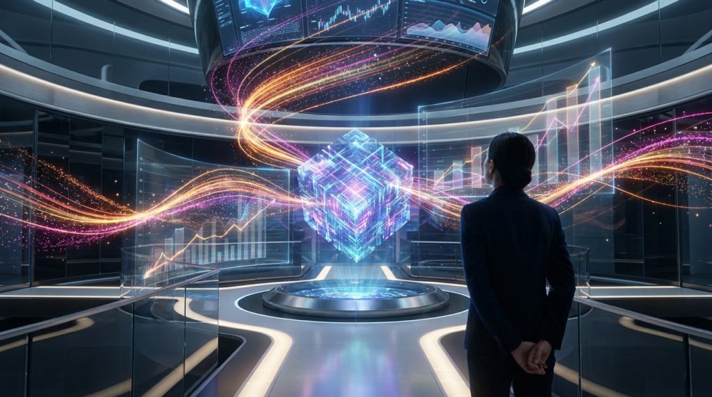 A person views a glowing blue/purple digital core emitting colorful light streams in a futuristic data hub with holographic charts.