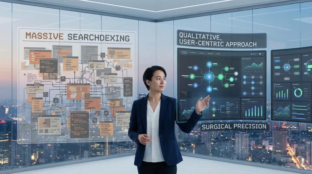 Person in modern office views digital transformation on screens: chaotic data to left, user-centric dashboards to right. City view.