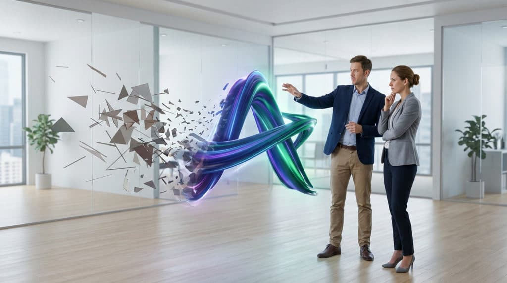 Two professionals view a holographic projection showing fragmented shapes transforming into a sleek, glowing new brand identity in a modern office.
