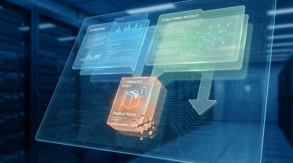 Dynamic SERP with glowing AI Overviews and Structured Insights overshadowing a cracking e-commerce product listing, indicating decline.