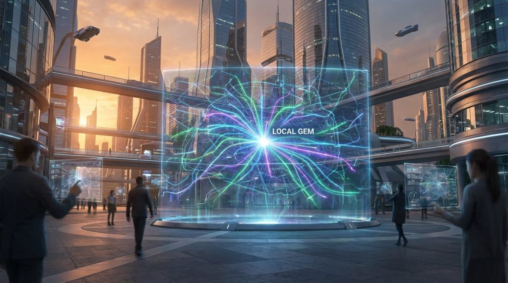 Futuristic city at dusk with a central glowing holographic map highlighting a 'LOCAL GEM' via AI lines. People use transparent interfaces.
