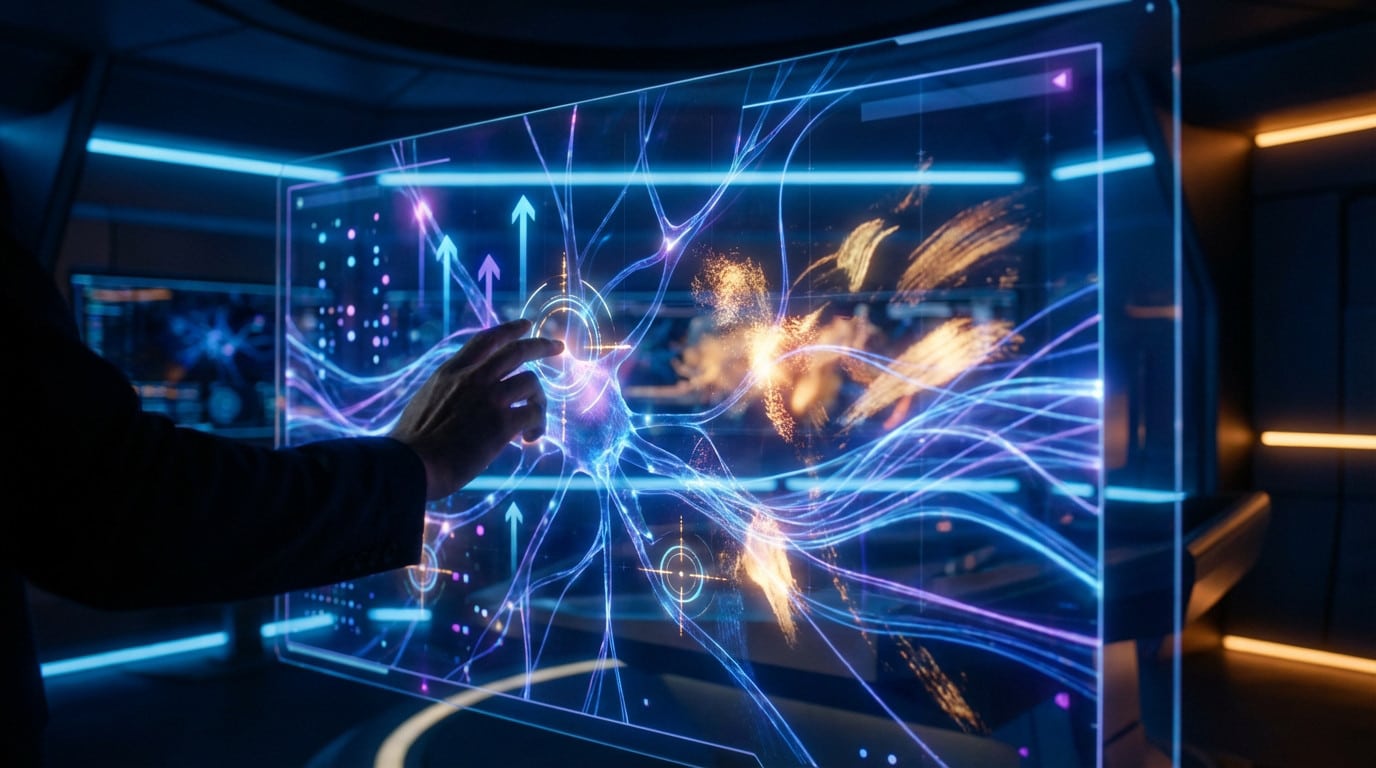 Hand interacts with futuristic holographic AI interface showing data, neural pathways, and creative splashes in blue, purple, orange.