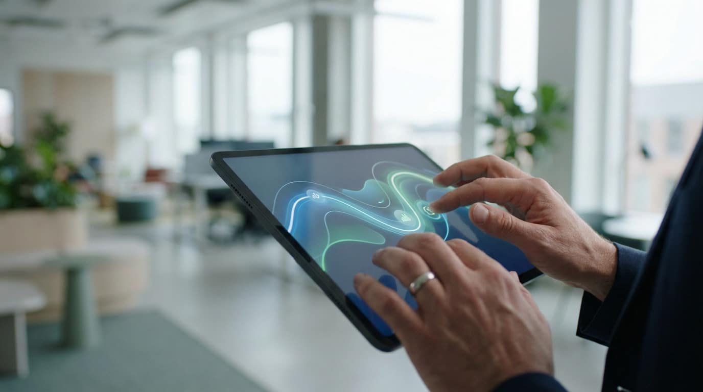 Mains interagissant avec une tablette affichant un design lumineux bleu-vert, symbolisant la conversion ou la performance dans un bureau moderne.