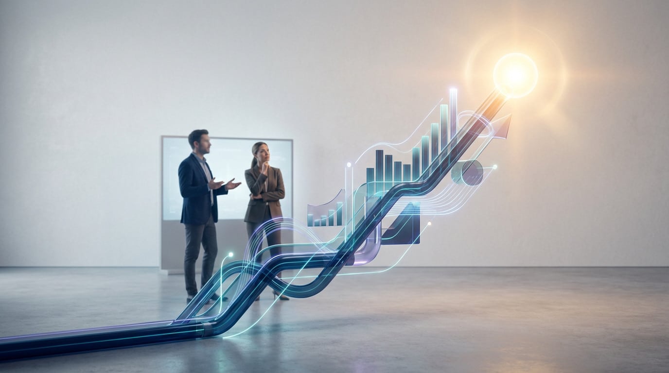 Deux professionnels devant un graphique 3D lumineux symbolisant la croissance et l'innovation, reflétant une stratégie réussie.