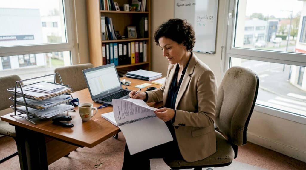 Une dirigeante de PME analyse attentivement les résultats de son dernier rapport marketing.