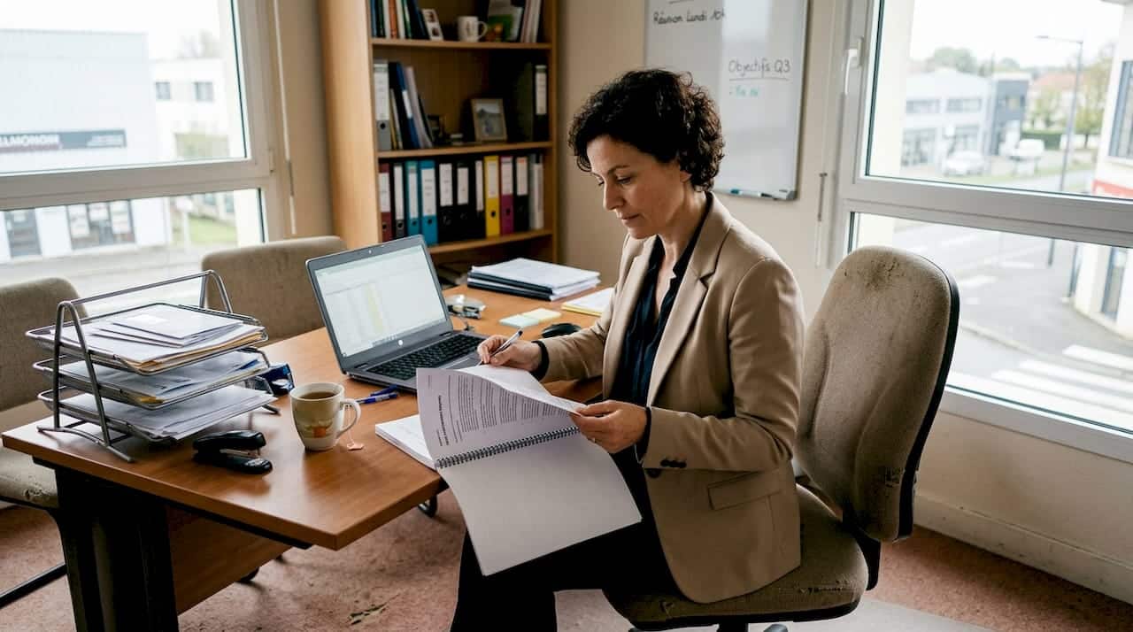 Une dirigeante de PME analyse attentivement les résultats de son dernier rapport marketing.