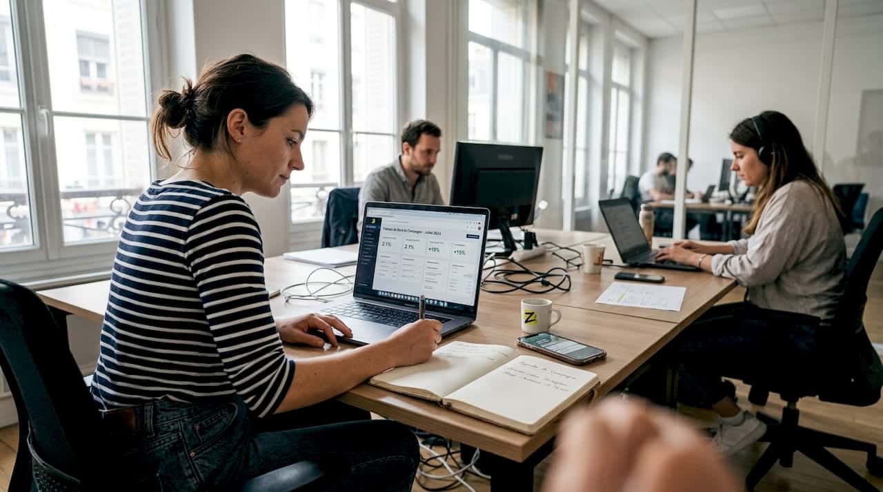 Un responsable marketing examine les performances d’une campagne publicitaire dans un espace de travail lumineux et moderne.