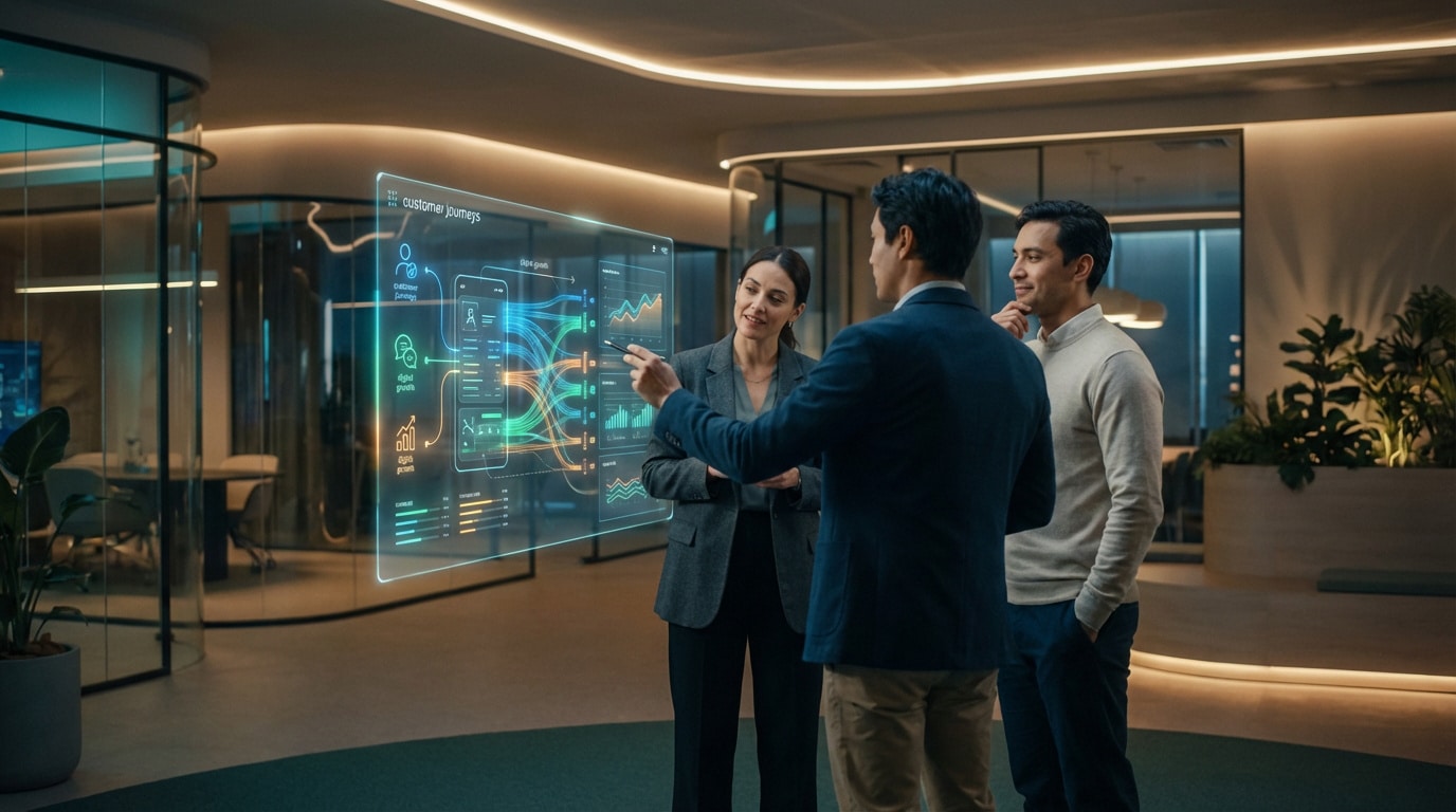 Trois professionnels analysant un tableau de bord holographique futuriste sur les parcours clients et la stratégie UX.