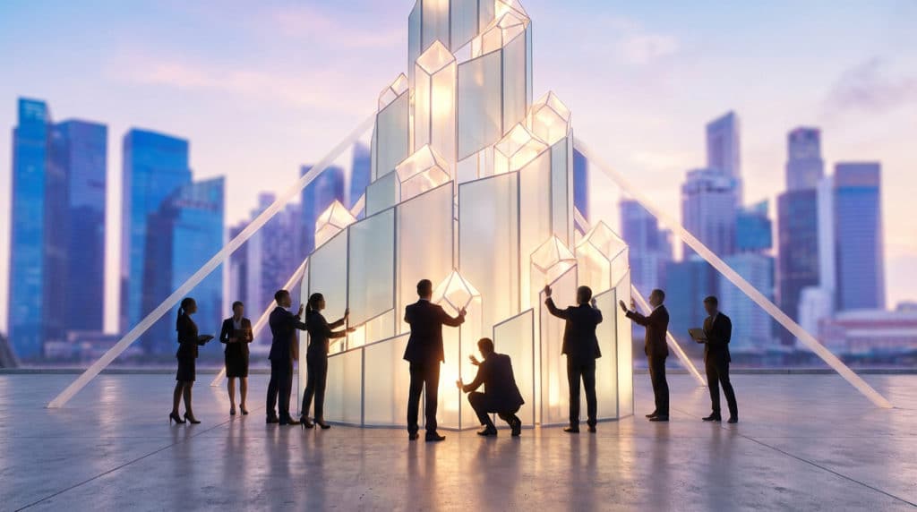 Professionnels bâtissant une structure cristalline lumineuse symbolisant la marque. Vue sur ville, coucher de soleil.