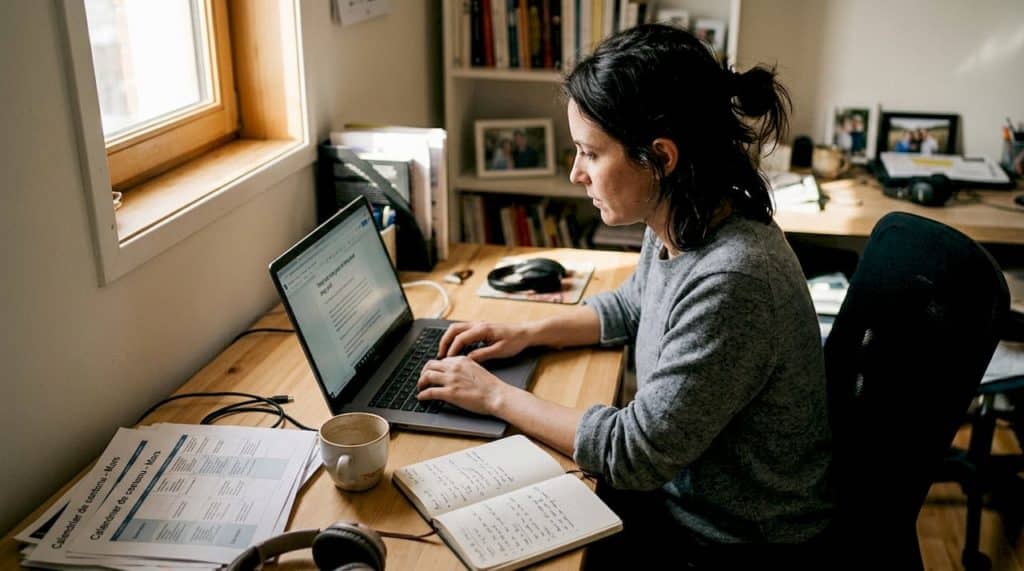 Installée à son bureau soigneusement rangé, une femme organise sa prochaine stratégie de contenu avec méthode et inspiration.