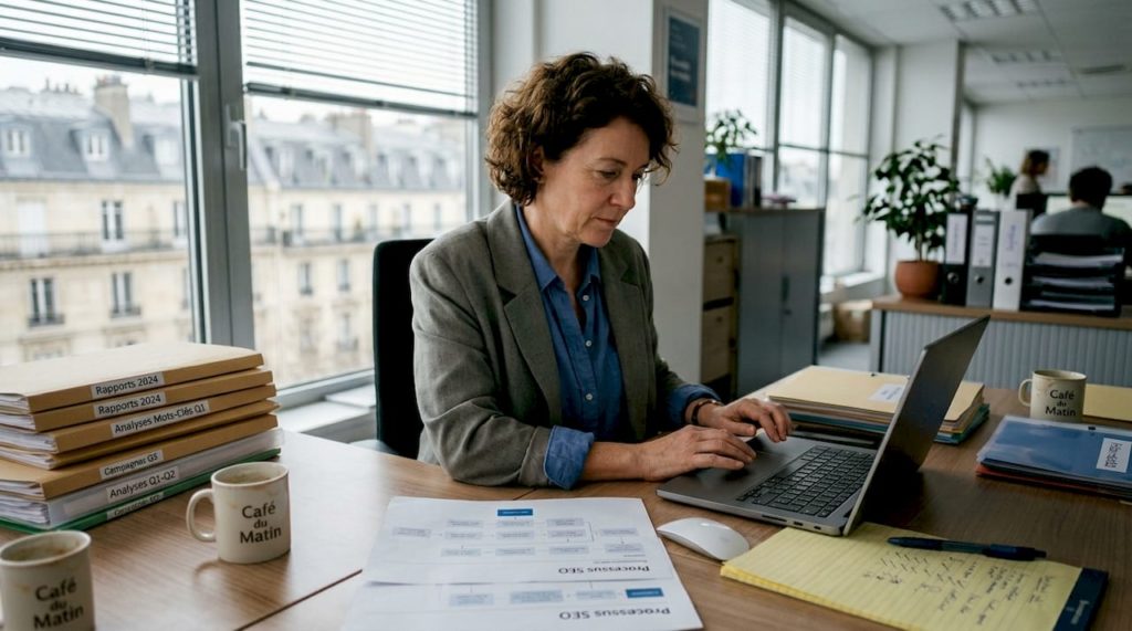 Un responsable organise le déroulement du référencement naturel devant son bureau.