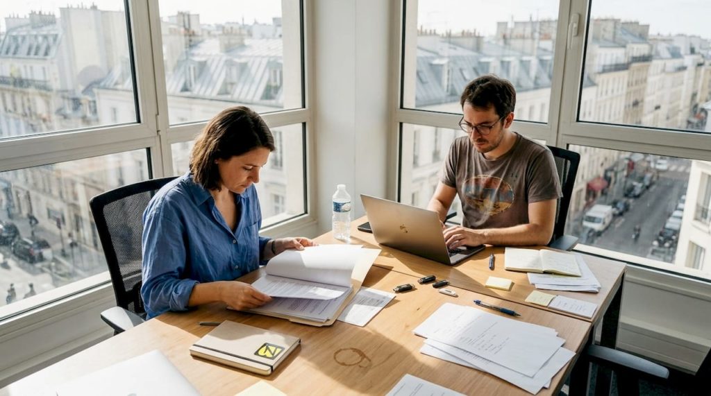 Des experts en création web travaillent ensemble dans un bureau d’angle, concentrés sur leurs projets numériques.