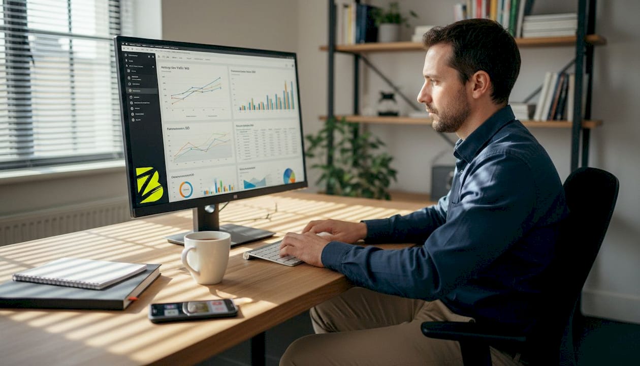 Expert en webmarketing en pleine analyse de données devant son ordinateur au bureau.