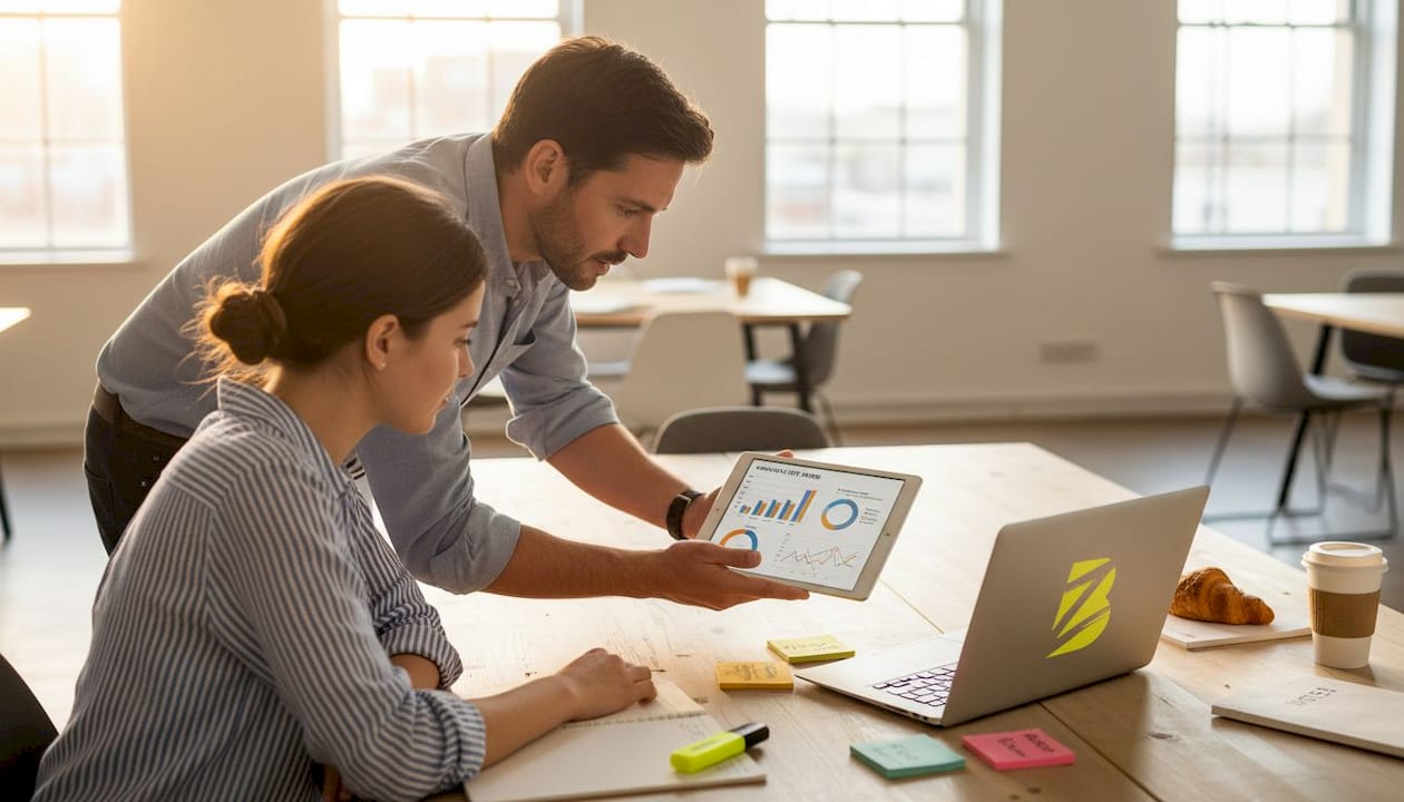 L’équipe analyse les résultats des campagnes marketing digital autour de la table.