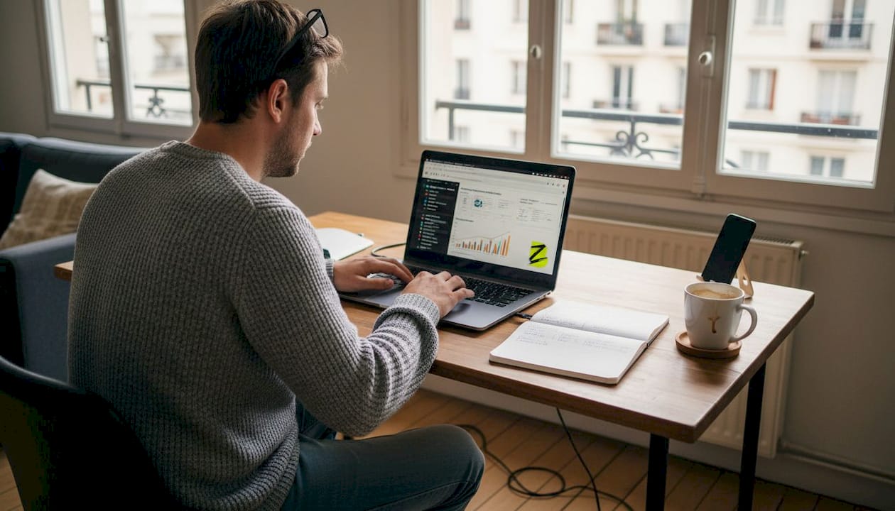 Expert en référencement naturel exerçant son activité depuis chez lui, devant son ordinateur.
