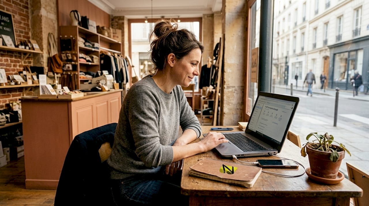 La responsable d’une PME passe en boutique pour s’assurer que le référencement local est à jour.