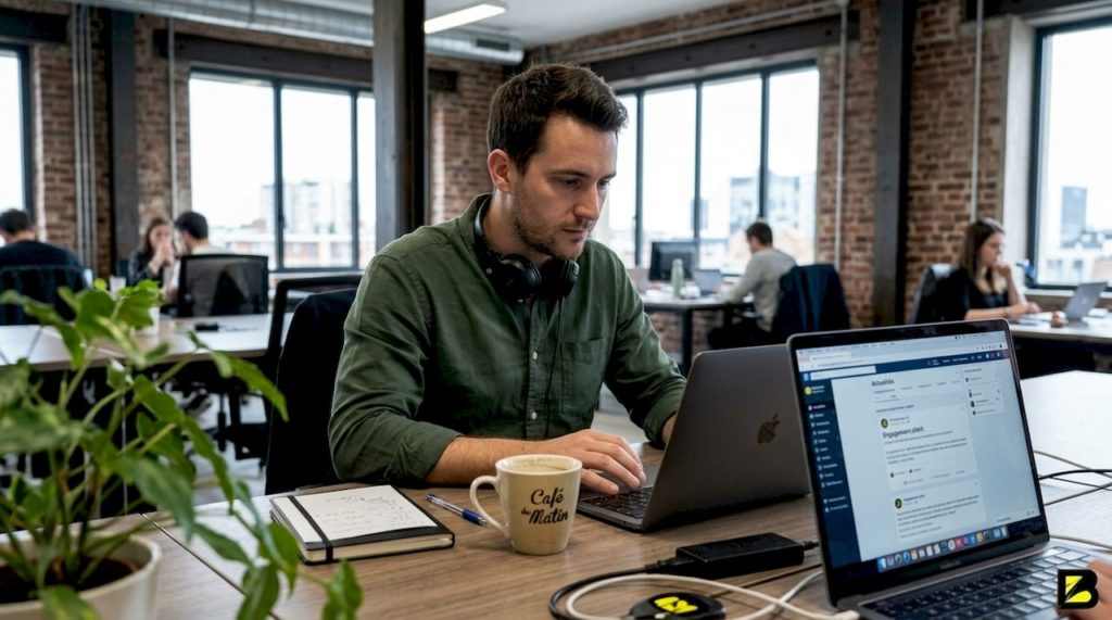 Chargé de communication digitale pour une petite entreprise, j’exerce mon métier au sein d’un environnement de bureau.
