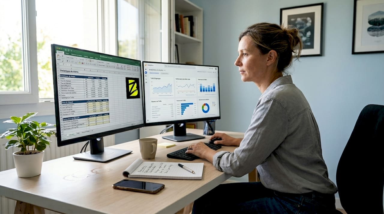 Un responsable marketing en plein travail d’optimisation de site web, installé devant deux écrans pour plus d’efficacité.