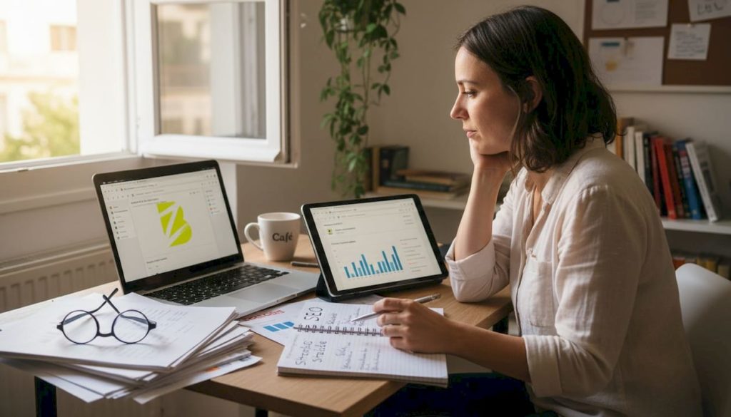 Une femme passe en revue différents outils SEO depuis son bureau à domicile, cherchant celui qui correspond le mieux à ses besoins.
