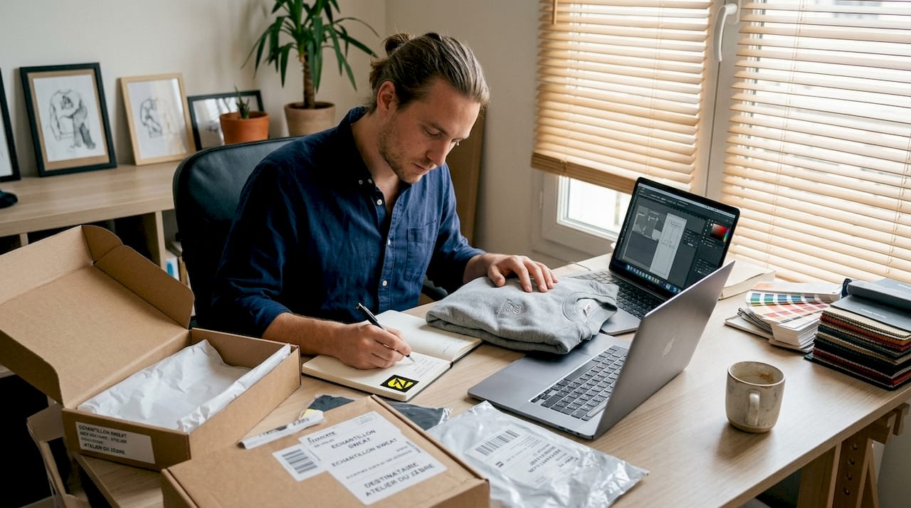 Un créateur en pleine réflexion sur la conception d’un nouveau produit dérivé