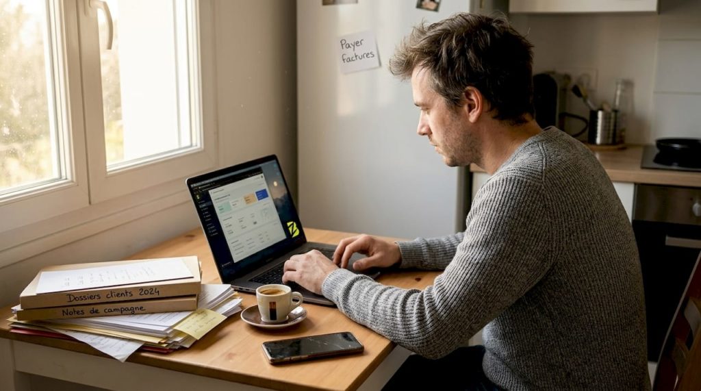 Un consultant passe en revue les performances de ses campagnes digitales depuis chez lui.