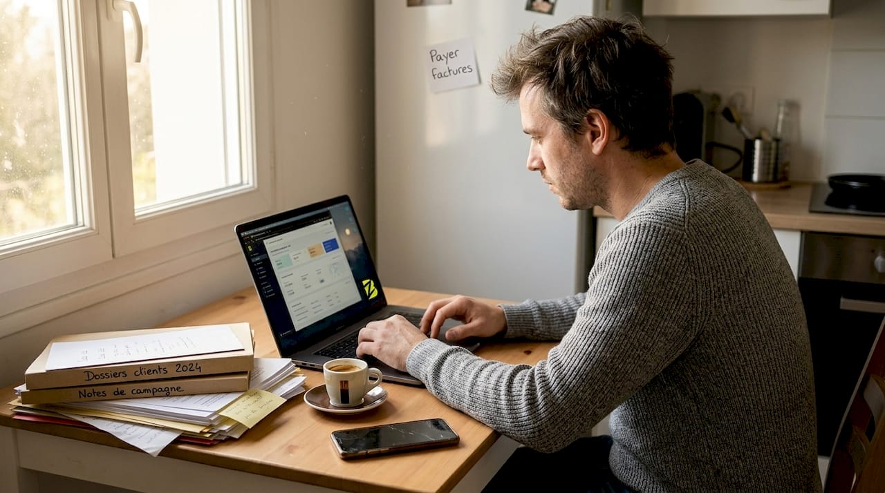 Un consultant passe en revue les performances de ses campagnes digitales depuis chez lui.