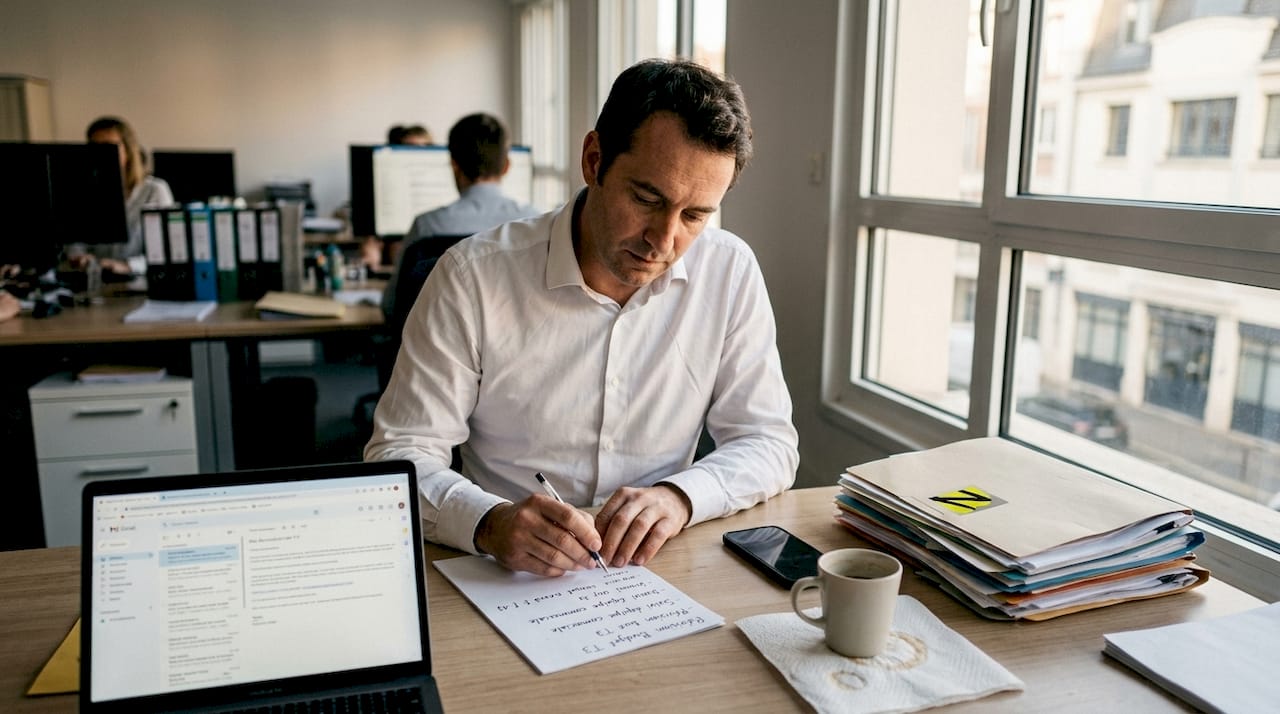 Un chef d’entreprise de PME concentré sur l’optimisation de son référencement naturel, assis à son bureau.