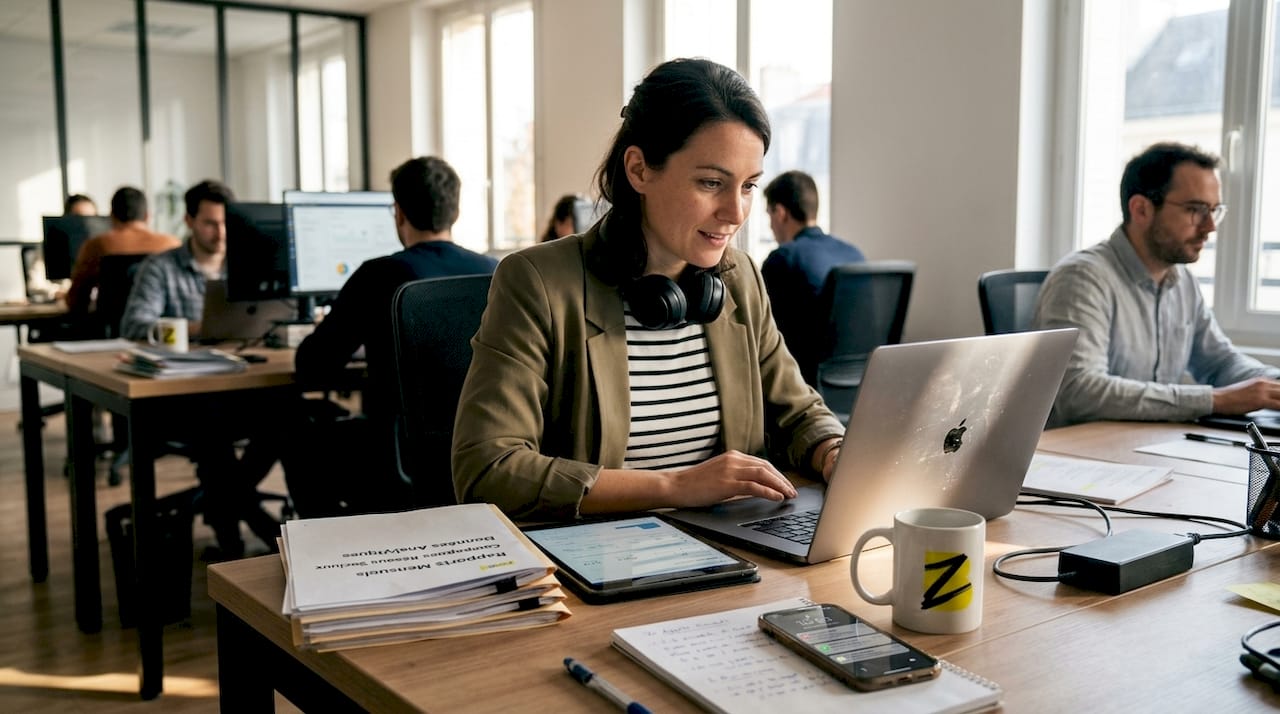 Un responsable marketing en pleine réflexion, comparant différents outils sur un bureau débordant d’activité.