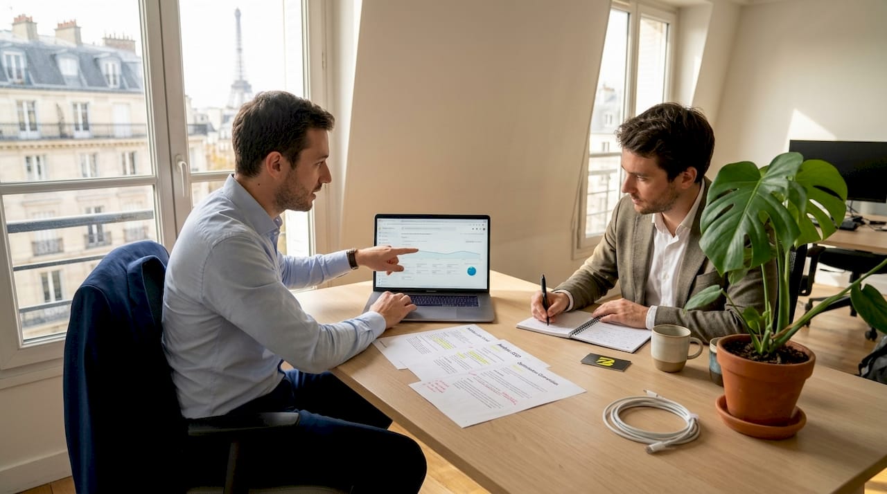Ce matin, les consultants de l'agence web échangent des idées autour de la table de réunion.