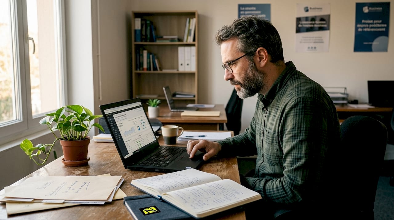 Un spécialiste du référencement travaille sur l’optimisation du site d’une PME depuis son bureau.