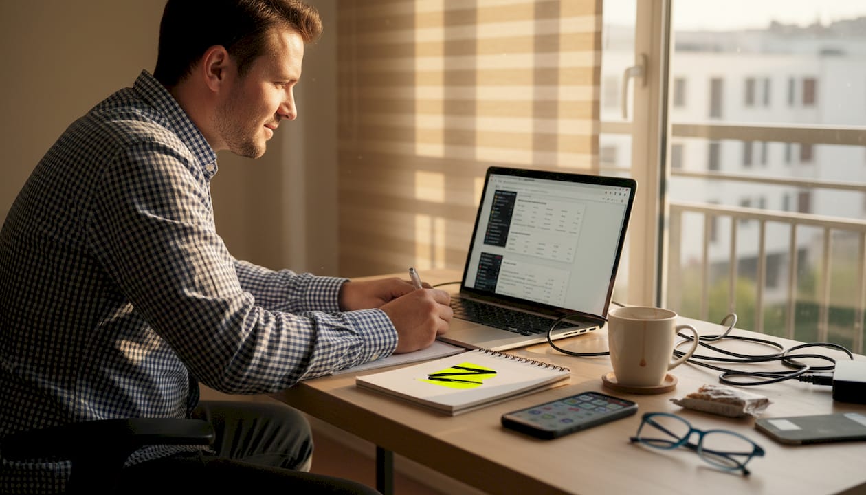 Spécialiste SEO en pleine analyse sur son ordinateur, installé dans un bureau moderne en centre-ville.