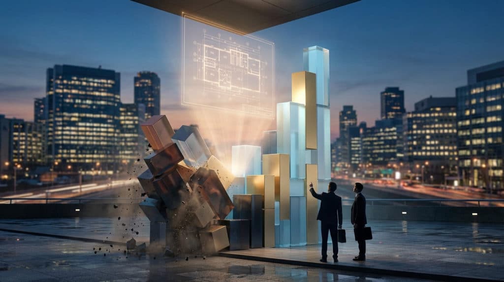 Deux hommes observent une structure de blocs. Une partie s'écroule, l'autre est stable, illuminée par un plan architectural.