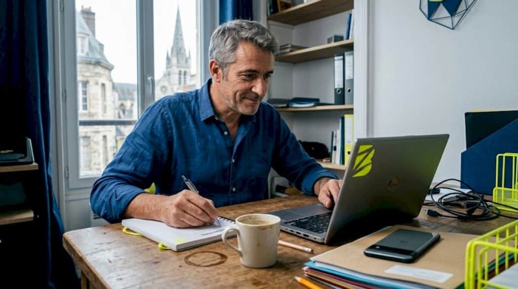 Un dirigeant de PME à Rouen en train d'étudier les résultats de son référencement naturel.