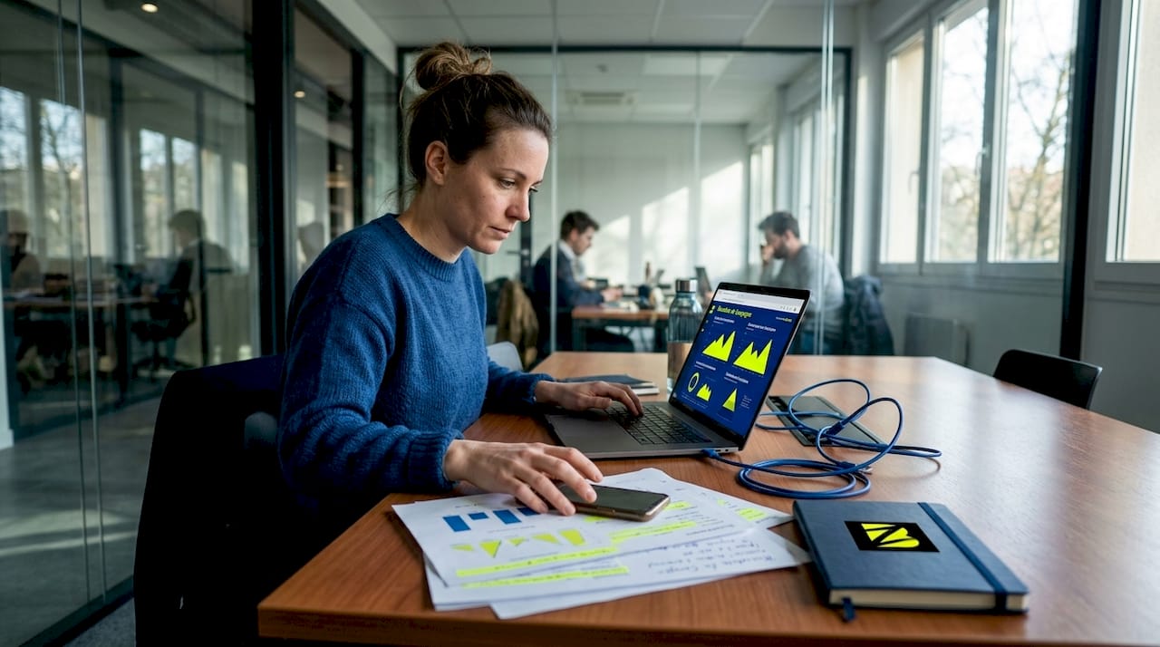 Un responsable marketing analyse ses statistiques tranquillement installé dans un espace de travail décontracté.