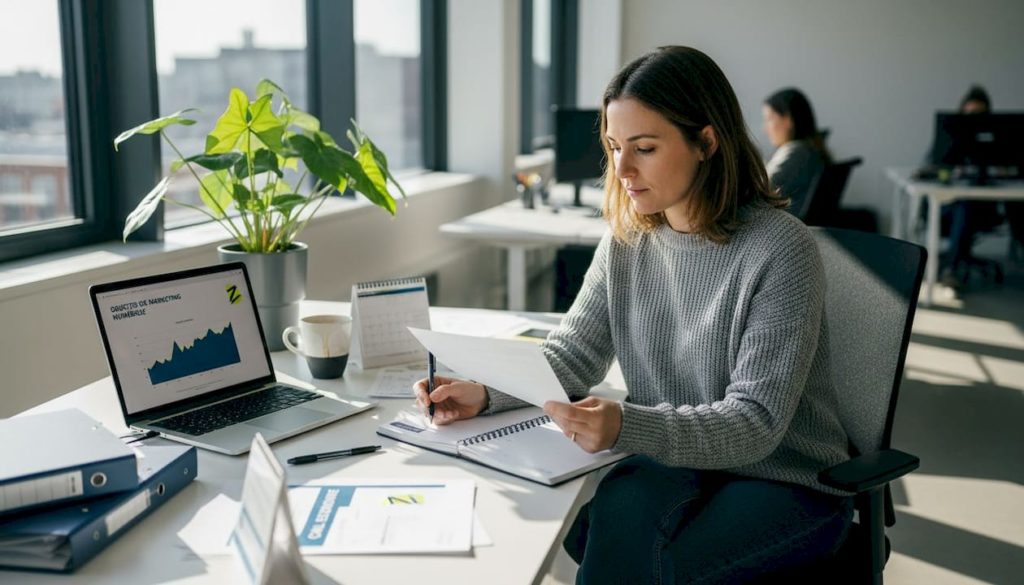 Une femme élabore une stratégie de croissance digitale dans son espace de travail.