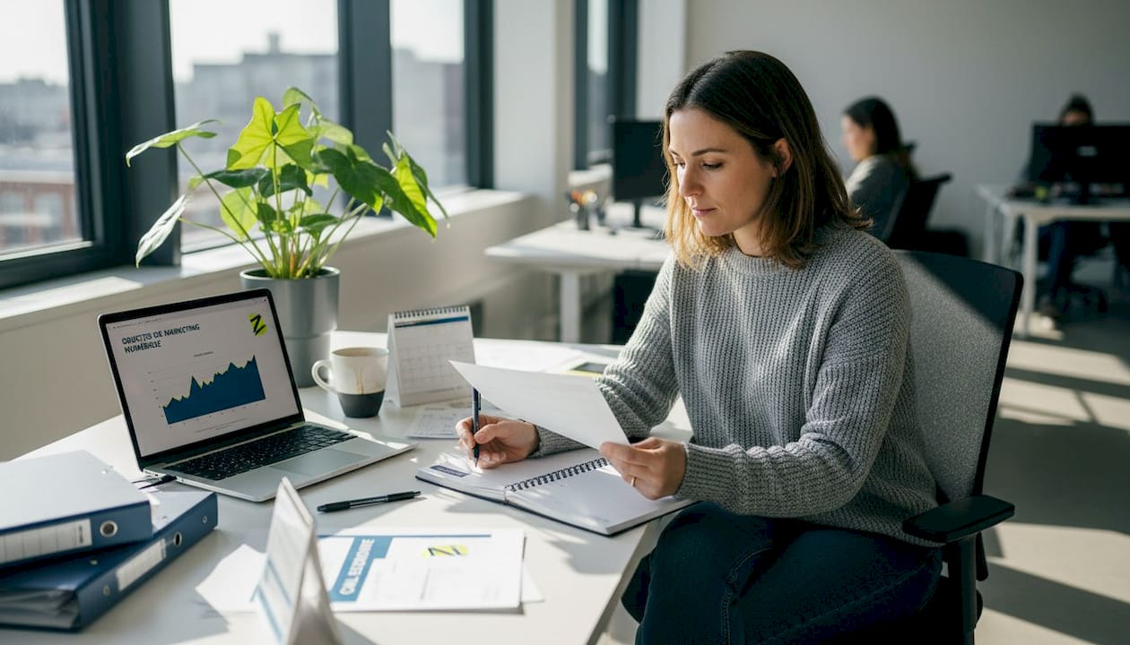 Une femme élabore une stratégie de croissance digitale dans son espace de travail.