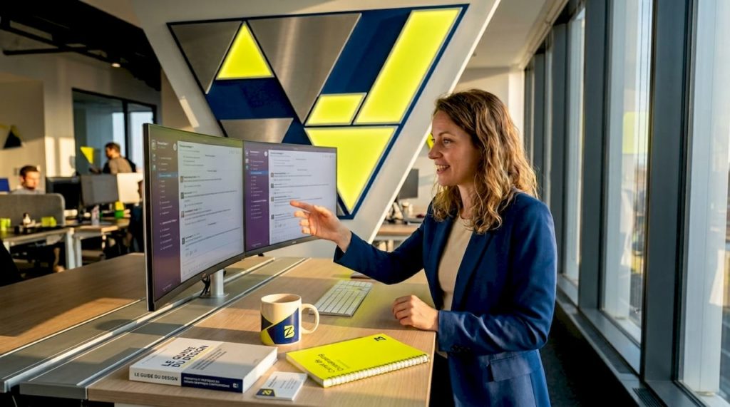Le community manager en plein travail devant son ordinateur, installé à son bureau.
