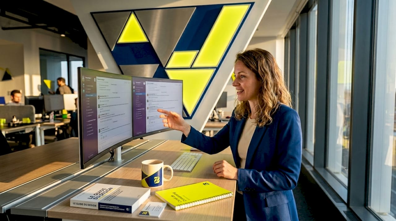 Le community manager en plein travail devant son ordinateur, installé à son bureau.