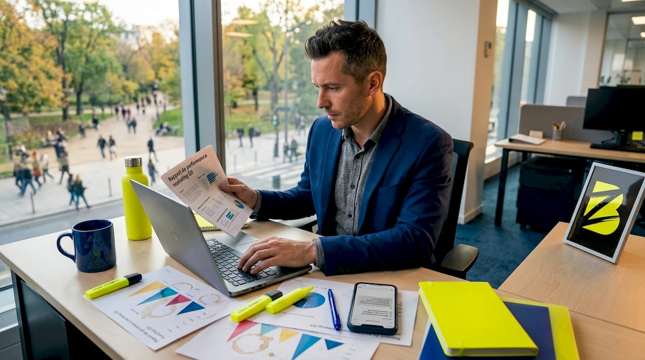 Un expert en stratégie marketing en pleine analyse de données devant son bureau.
