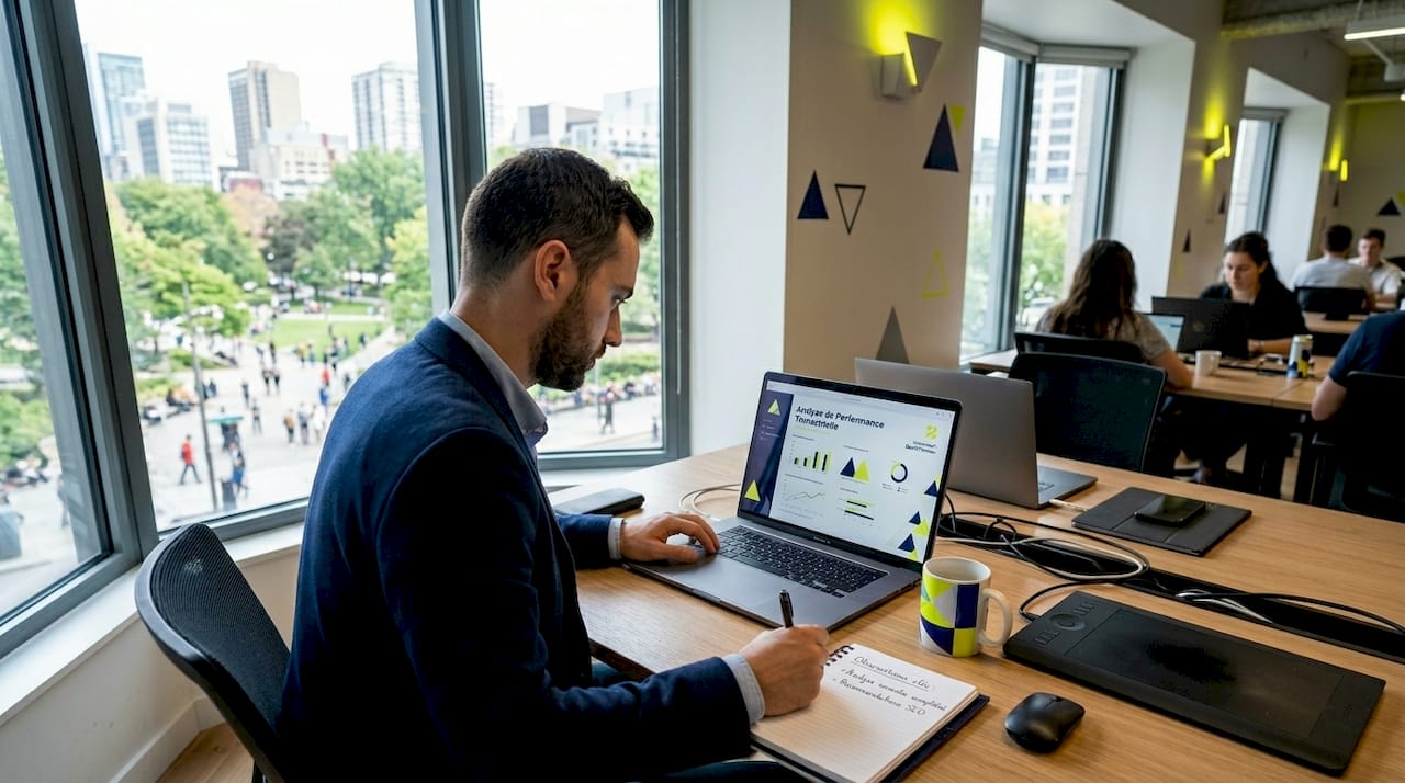 Un consultant digital en pleine réflexion, stylo à la main, consigne ses idées à son bureau.