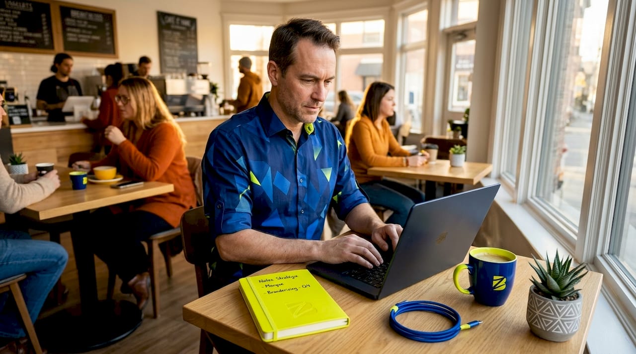 Un entrepreneur concentré sur son téléphone portable, installé dans un bureau baigné de lumière.