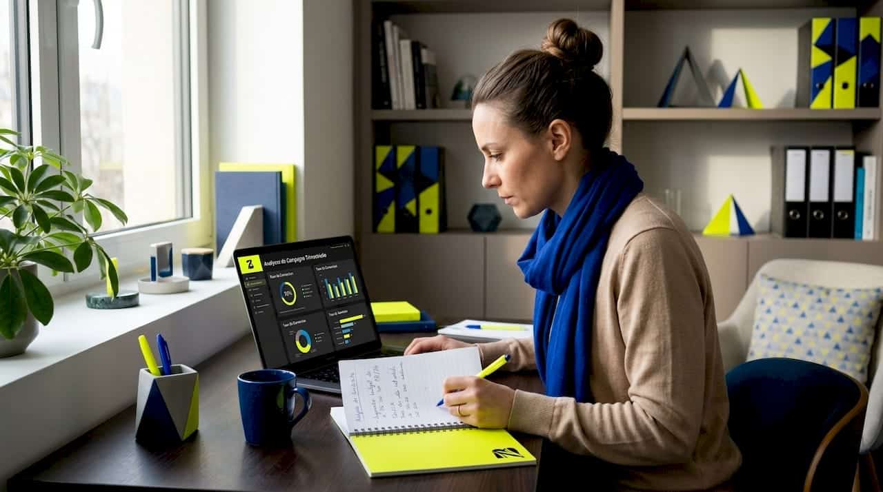 Une femme gère ses campagnes de marketing digital installée à la table de sa cuisine.