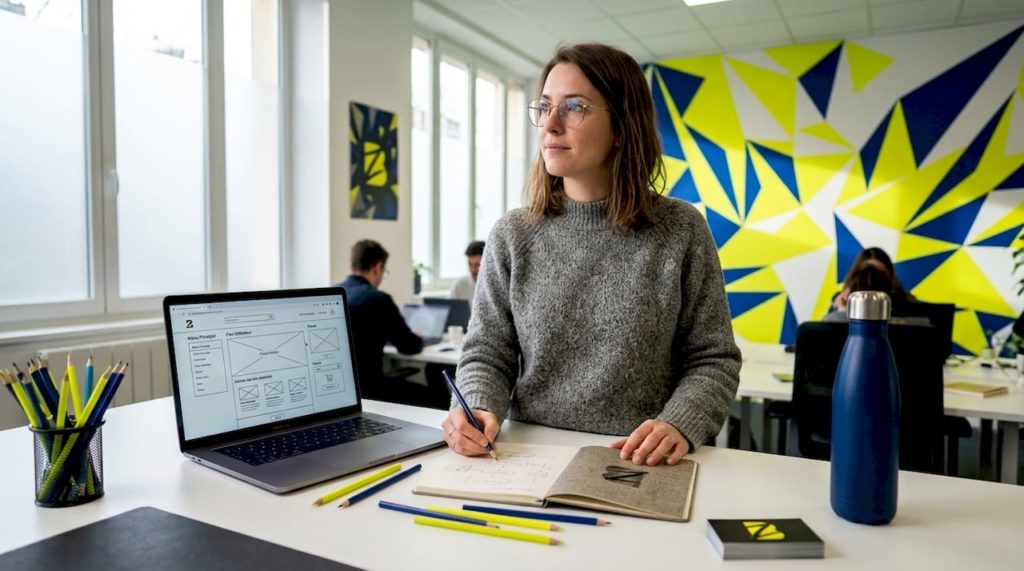 Un designer en pleine réflexion, esquissant le parcours utilisateur dans un espace de travail collaboratif.