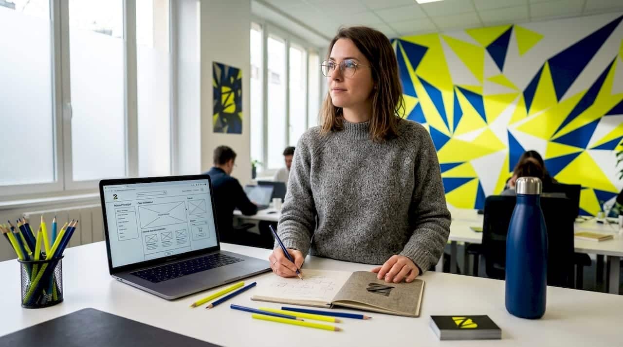 Un designer en pleine réflexion, esquissant le parcours utilisateur dans un espace de travail collaboratif.