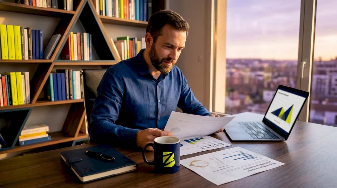 Un homme étudie les performances de son site web à travers un rapport SEO, confortablement installé dans son bureau à la maison.