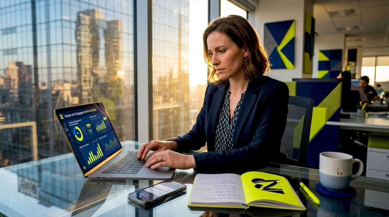 Une femme d’affaires élabore sa stratégie numérique depuis son bureau.