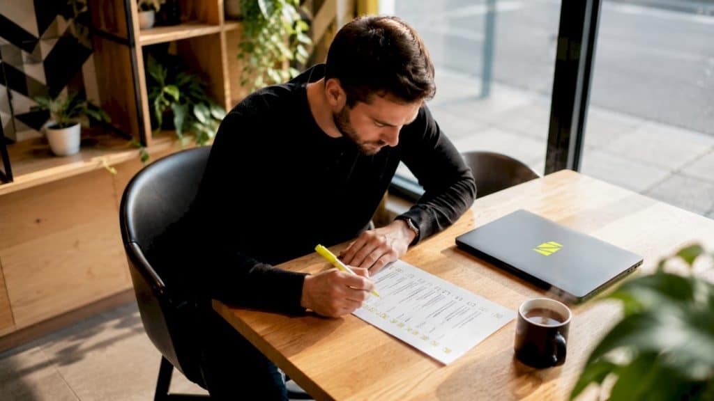 Un chef d’entreprise passe en revue sa liste de contrôle SEO installé à son bureau.