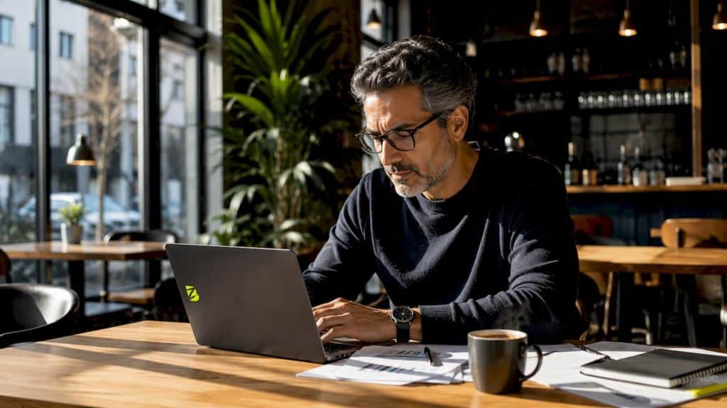 Un manager analyse des données sur son ordinateur portable pendant une réunion.